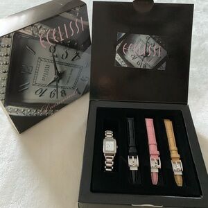 Ecclissi Sterling 1/4 ct tw Diamond Watch with interchangeable 3 Leather Bands